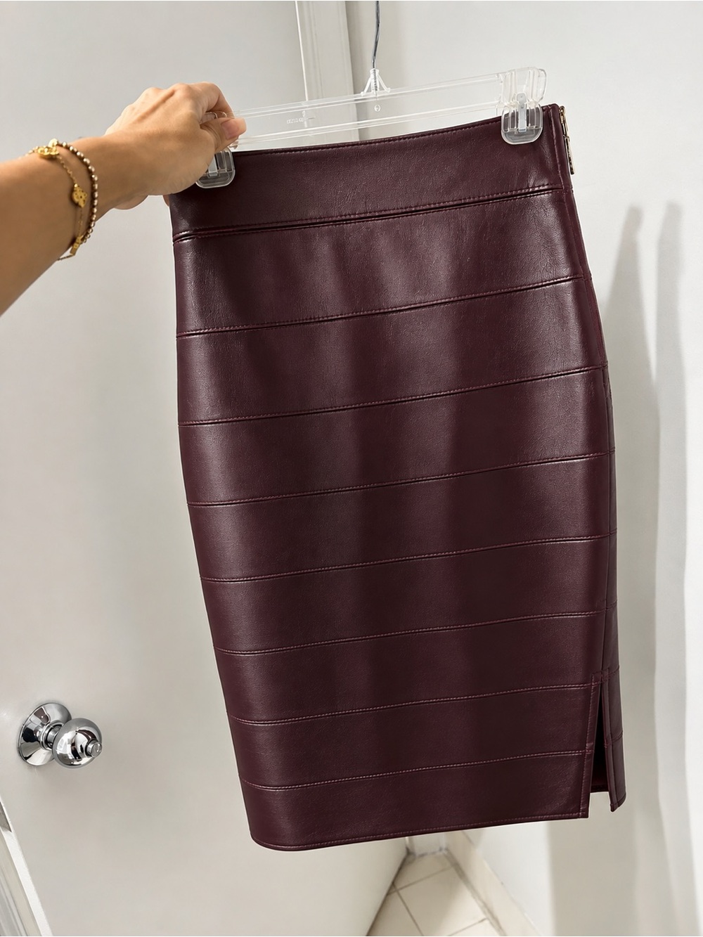 Marciano Burgundy Faux Leather Pencil Skirt with Side Slit